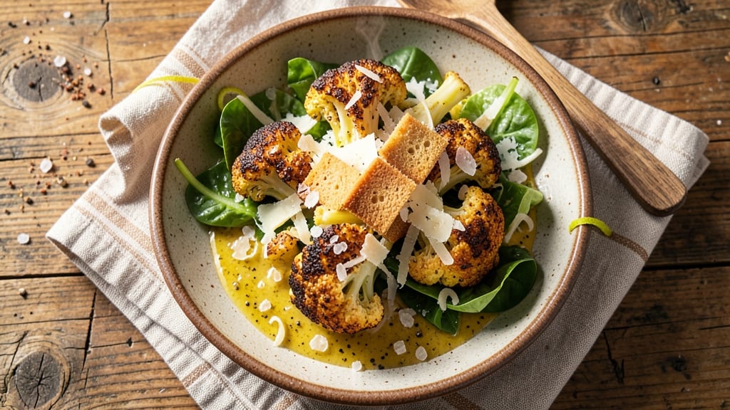 Brussels Cauliflower Caesar Salad Recipe: Crispy Roasted Crowns Over Tangy Parmesan Dressing