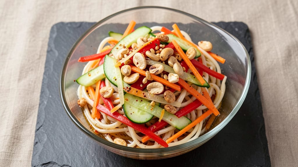 Asian Style Pasta Salad Recipe: Sesame-Ginger Vinaigrette With Crunchy Peanuts