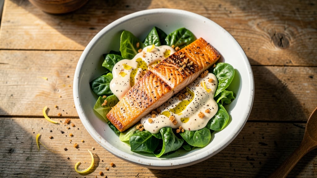 Baked Salmon Caesar Salad Recipe: Crispy Skin Meets Creamy Herb Bliss