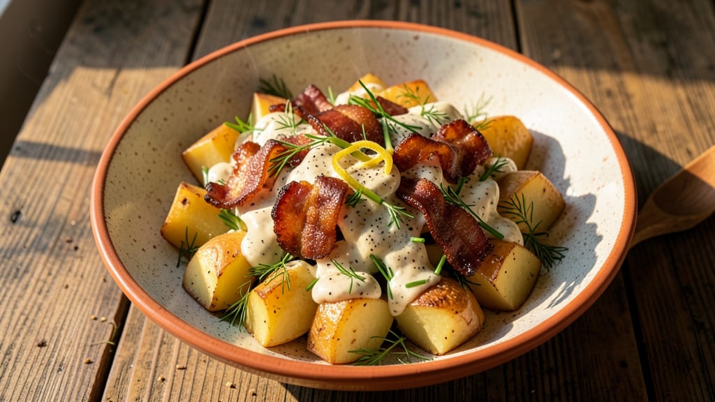 Baked Potato Salad Recipe With Bacon: Smoky Crispy Bites Over Creamy Herb Bliss