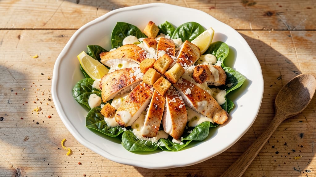 Baked Chicken Caesar Salad Recipe: Crispy Skin, Juicy Chicken Over Creamy Herb Dressing