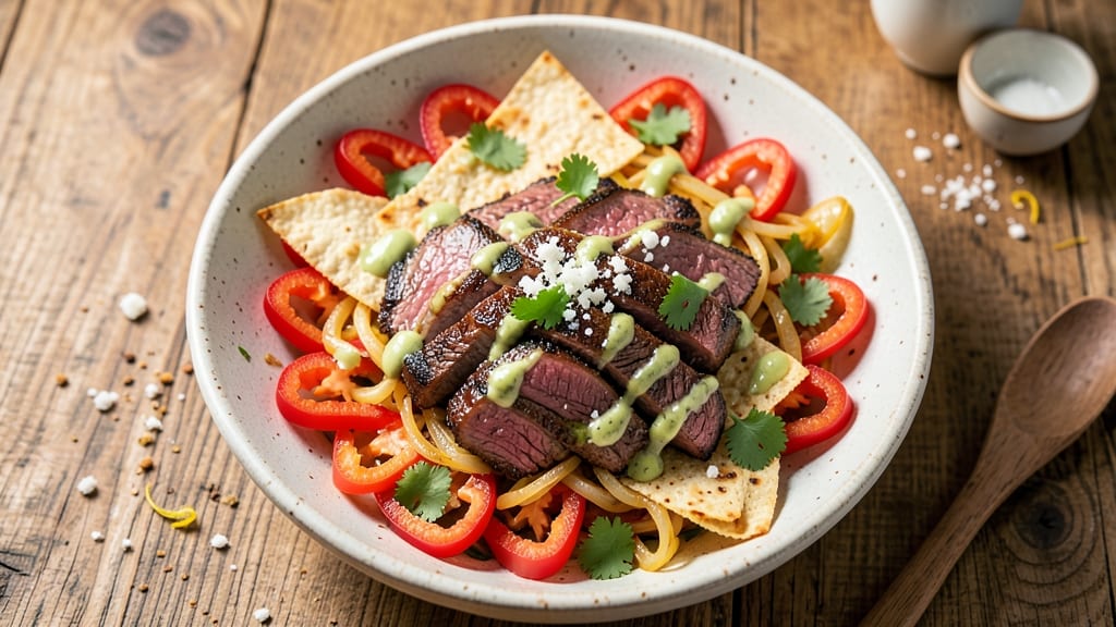 Beef Fajita Salad Recipe: Sizzling Skirt Steak Over Crispy Tortilla Bites