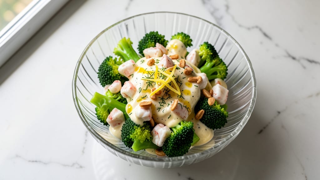 Broccoli Crab Salad Recipe: Crispy Crab Clusters Over Creamy Herb Dressing Bliss