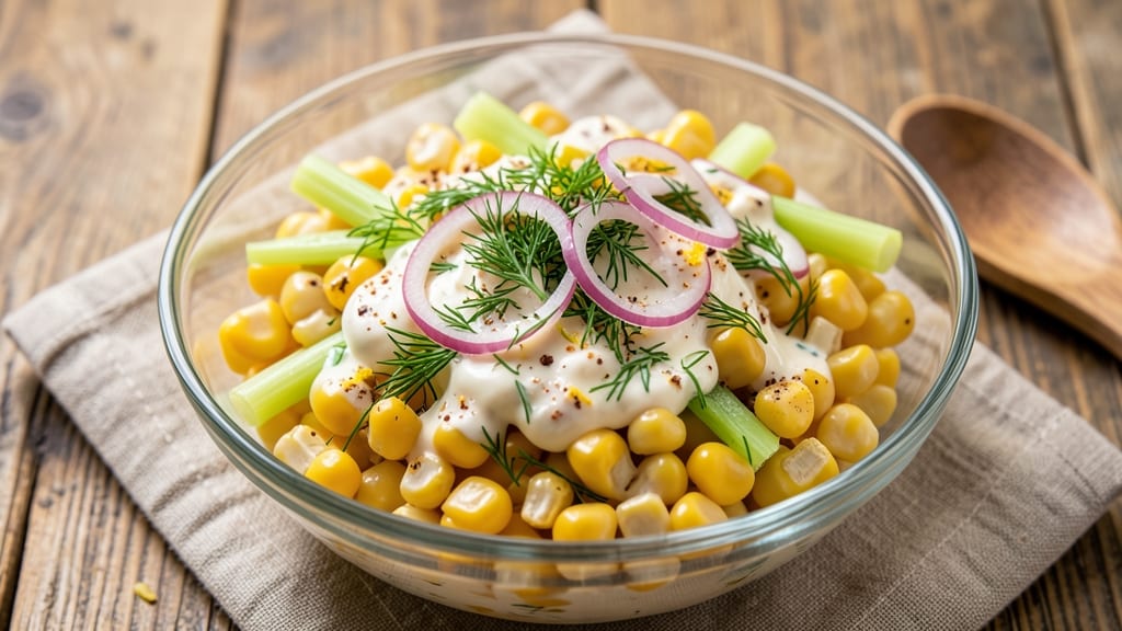 Corn Salad Recipe With Mayo And Sour Cream: Creamy Celery Crowns Over Tangy Dressing Bliss