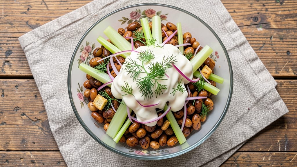 Calico Bean Salad Recipe: Crunchy Celery Crowns Over Creamy Herb Cheese Bliss