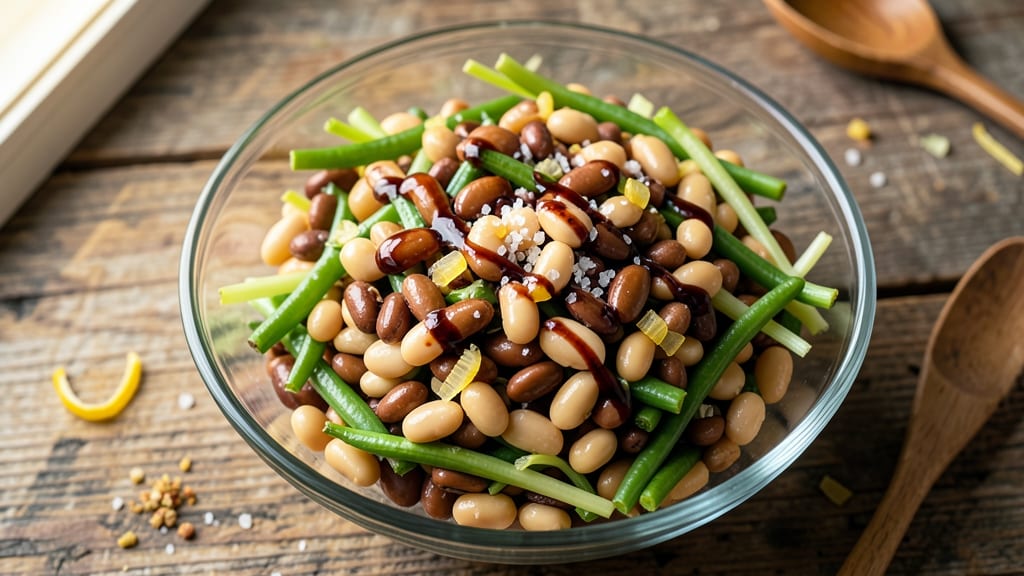 Best Ever Three Bean Salad Recipe: Crunchy Celery Crowns Over Creamy Herb Dressing Bliss