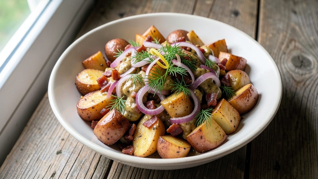 Baked German Potato Salad Recipe: Warm Potatoes with Crispy Onion Rings