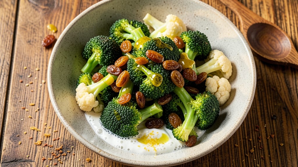 Broccoli Cauliflower Raisin Salad Recipe: Sweet-Tart Bite with Creamy Herb Dressing