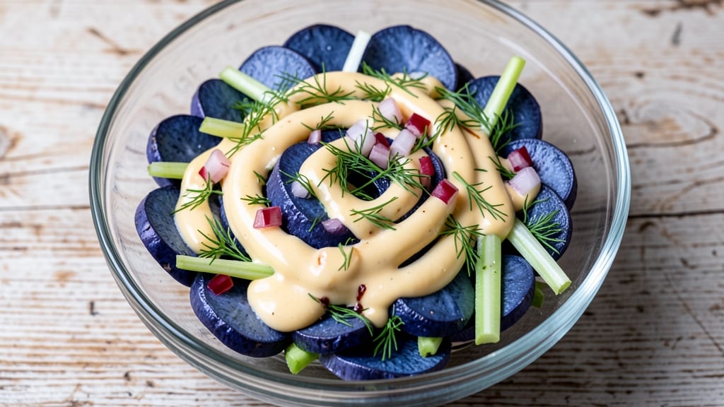 Blue Potato Salad Recipe: Deep Purple Vibrancy With Crisp Celery Crowns