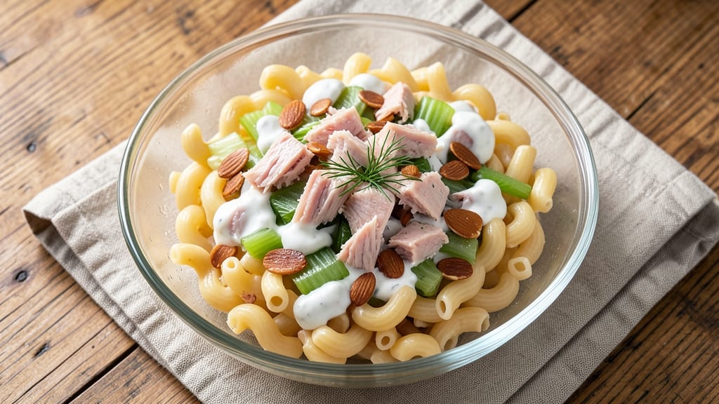 Best Ever Tuna Macaroni Salad Recipe: No-Mayo Creaminess With Almond-Crusted Celery
